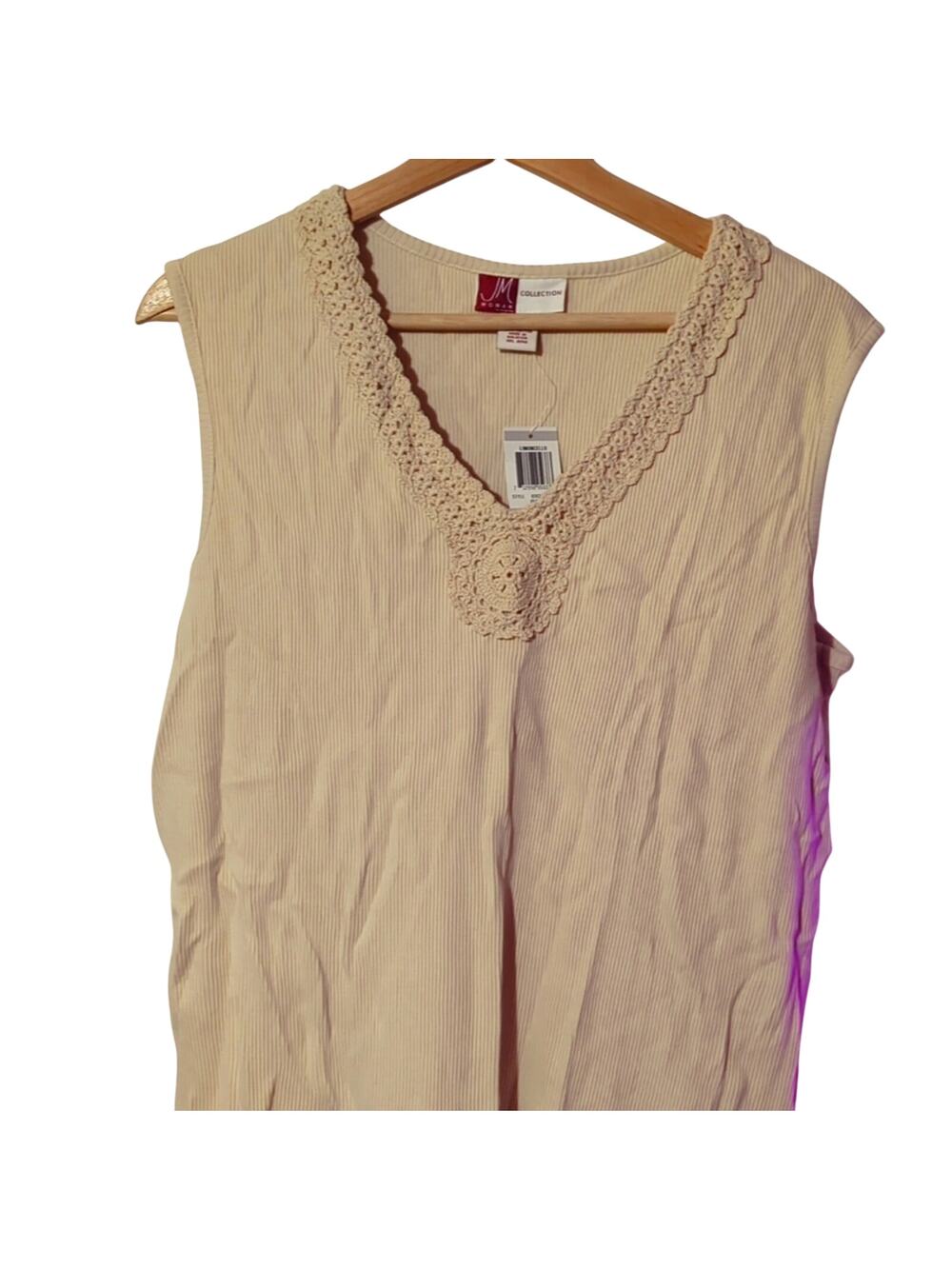 NWT JM Collection 1X Beige/Cream/Tan 100% Cotton Crocheted V-Neck Top [0003]